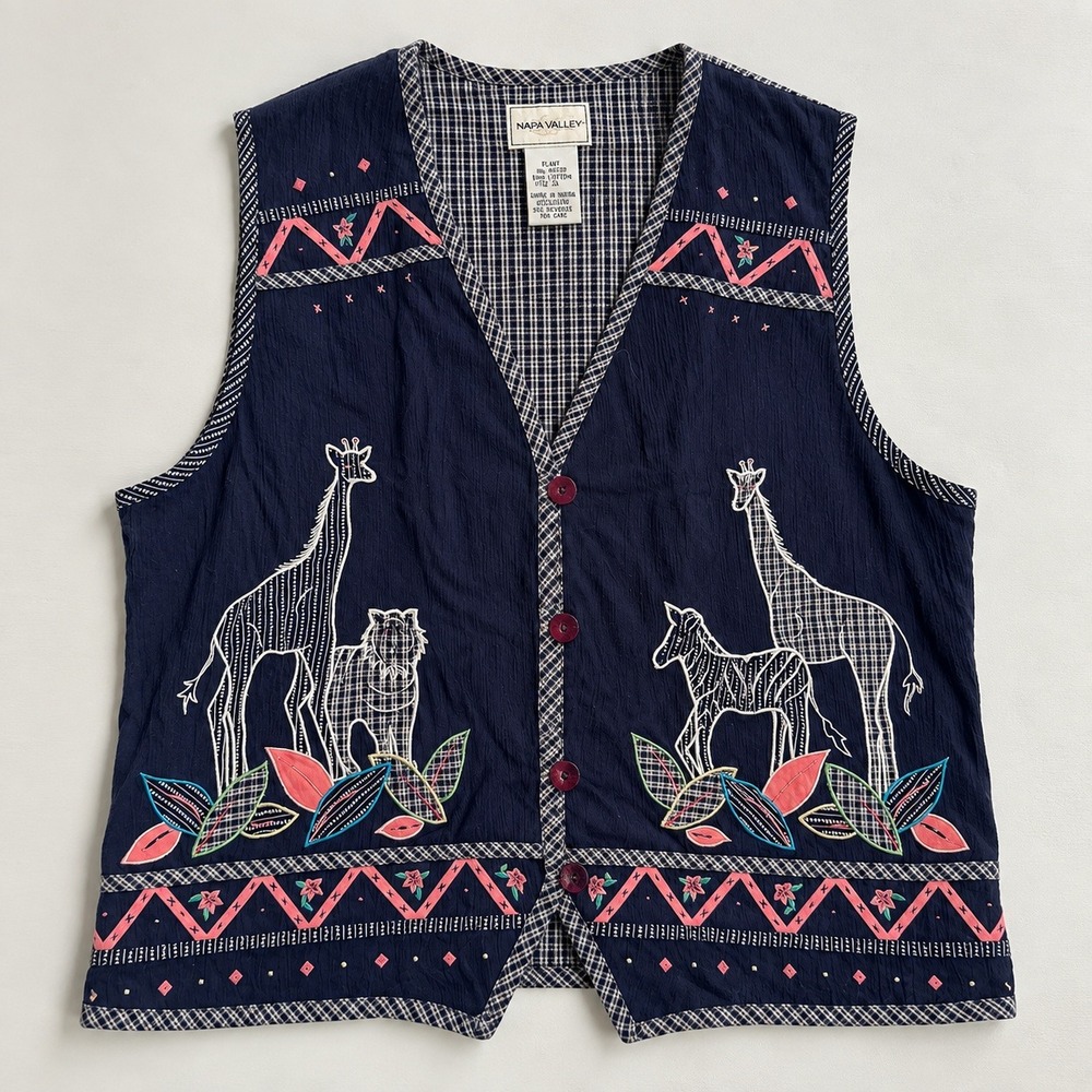 Vtg 90s Giraffe Zebra Lion Embroidered Gingham Vest 2X Navy Safari Zoo